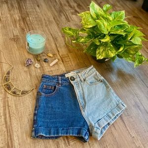 Two-toned high rise denim shorts
